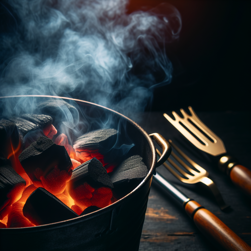 Nærbilde av glødende grillkull i en kullbøtte med røyk, mørk bakgrunn, varme gløder og grillverktøy i silhuett, naturlige farger