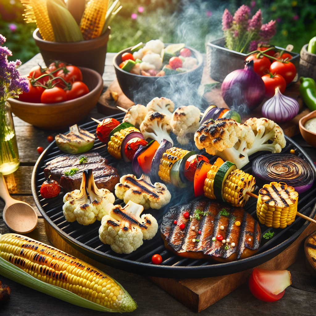 Fargerik hagegrill med assorterte grillede grønnsaker: blomkålsteak, portobello, mais og grillspyd, røkete bakgrunn, lun sommerkveld, naturlig lys