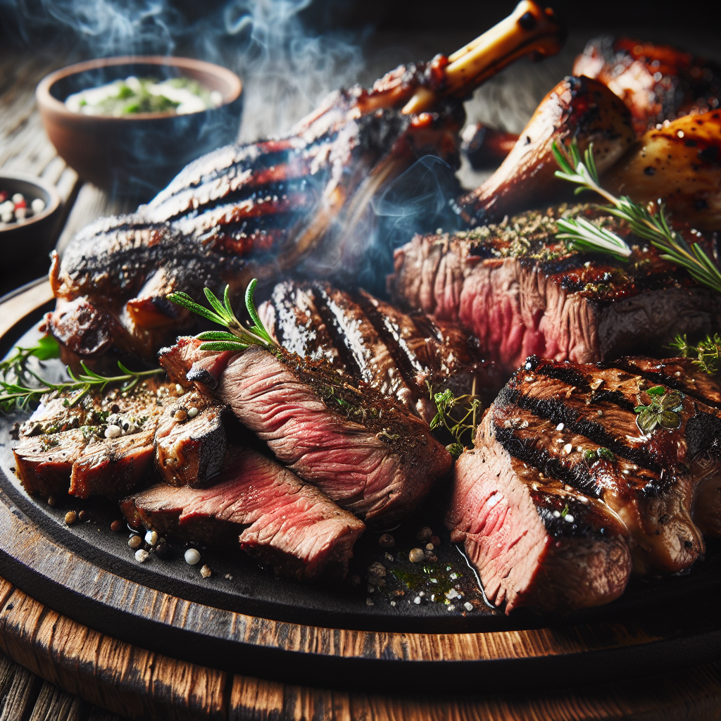 Nærbilde av saftig grillet biff og lam på et rustikt grillfat, med grillskorpe, grillmerker, friske urter og røyk i bakgrunnen, naturlig dagslys