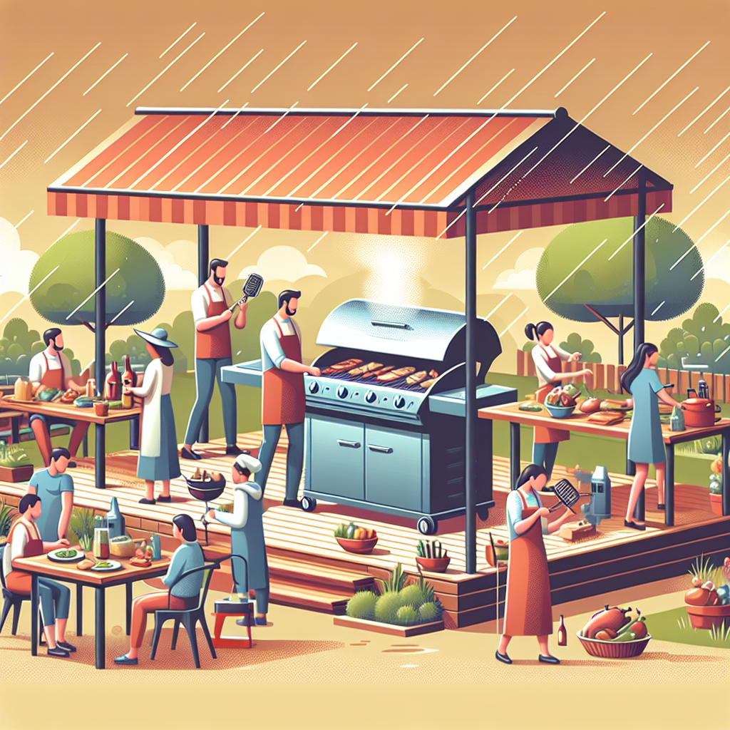 Utendørs grill under variert vær: vind, lett regn og overbygg, med folk som forbereder mat, realistisk, varm fargepalett